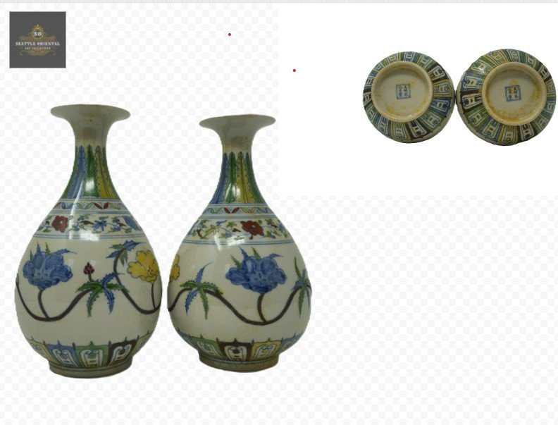 A Pair of Flower Pattern Doucai Jade Spring Pot Vases, Ming Dynasty Chenghua