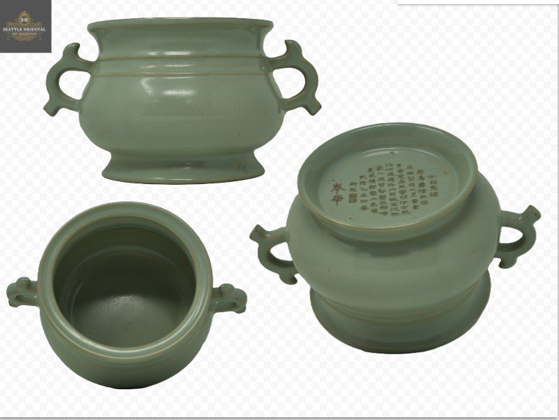 Ru Kiln Double Ears Incense Burber with Qialong Poems Fenghua, Song Dynasty