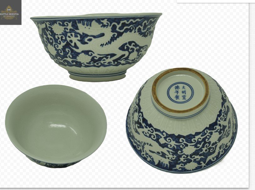 Hiding Carved Blue & White Dragon Pattern Decagon Palace Bowl, Ming Dynasty Xuande