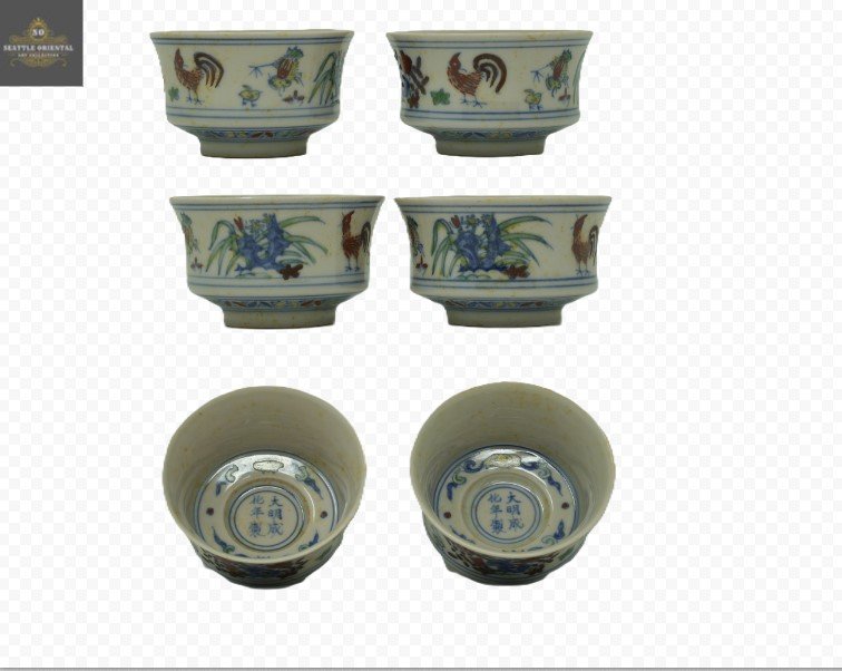 A Pair of Doucai Chicken Cups, Ming Dynasty Chenghua