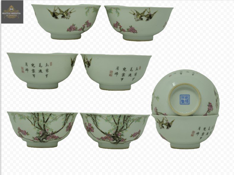 A Pair of Falangcai Bowls with Spring Swallows in the Apricot Forest, Qing Dynasty Qianlong