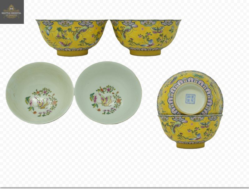 A Pair of Yellow Ground with Butterflies & Flower Patterns Enamel Bowls, Qing Dynasty Kangxi