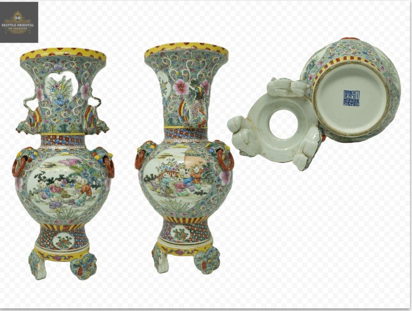Pastel Baby Play Double Ears Vase, Qing Dynasty Qianlong