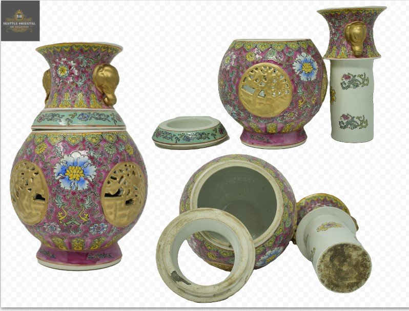 An Enamel Purple Ground Gold-painted Double Ears & Open Empty Windows with Flower Patterns Revolving Vase, Qing Dynasty Qianlong