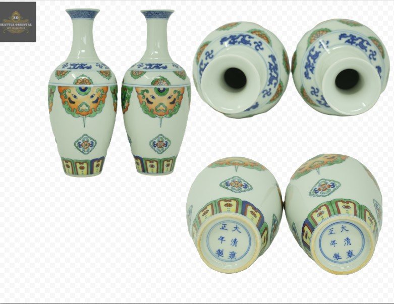 A Pair Doucai Jade Spring Vases, Qing Dynasty yungzhen
