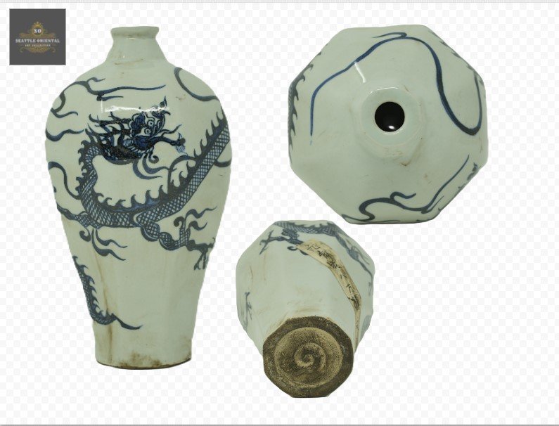 Dragon Pattern Eight Angle Plum Vase, Yuan Dynasty
