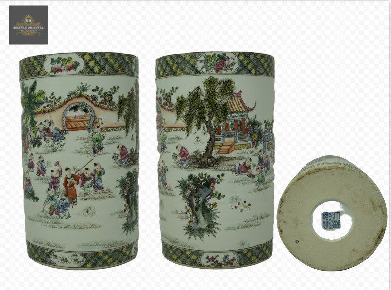 Famille Rose Figures Story Pen Vase, Qing Dynasty Qianlong
