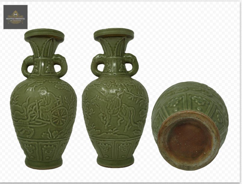 Relief Carving Figures Story Double Ears Vase, Late Tang- Five Dynasty 906'-960' Yaozhou Kiln