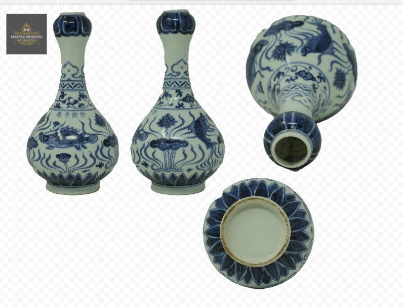 Blue & White Fish Algae Pattern Garlic Vase, Ming Dynasty Yongle