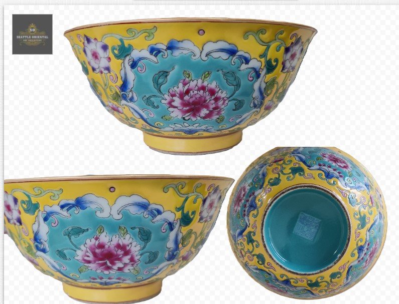 A Pair of Yellow Ground Famille Rose Bowl, Qing Dynasty Qianlong