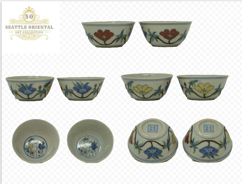 A Pair of Doucai Flower Pattern Chicken Cups, Ming Dynasty Chenghua