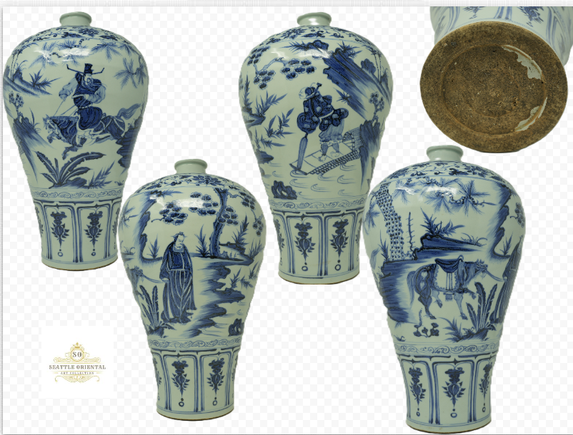Yuan Dynasty Blue and White Plum Vase with the image of Xiao He chasing Han Xin under the moon