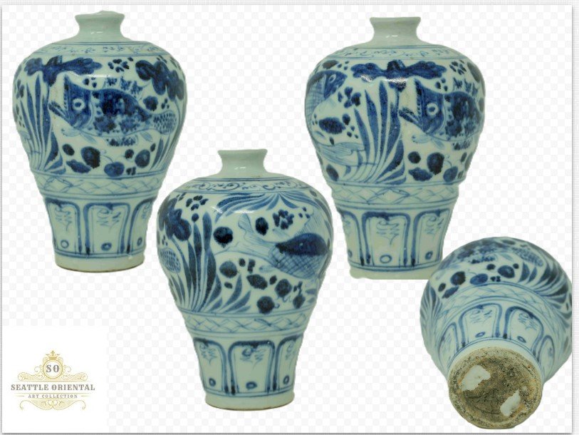 Blue & White Fish Pattern Plum Vase of Yuan Dynasty
